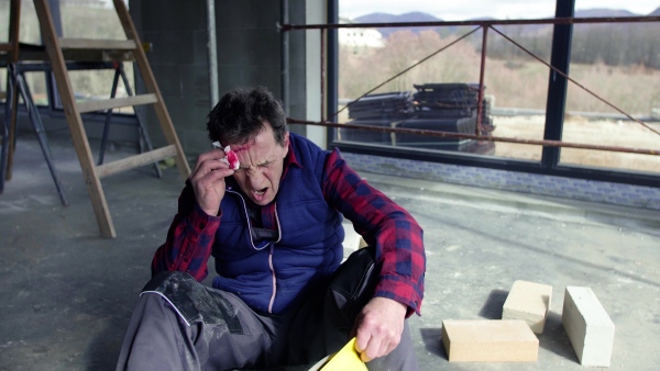 Accident of a male worker at the construction site. A man sitting on the floor with an injured head.