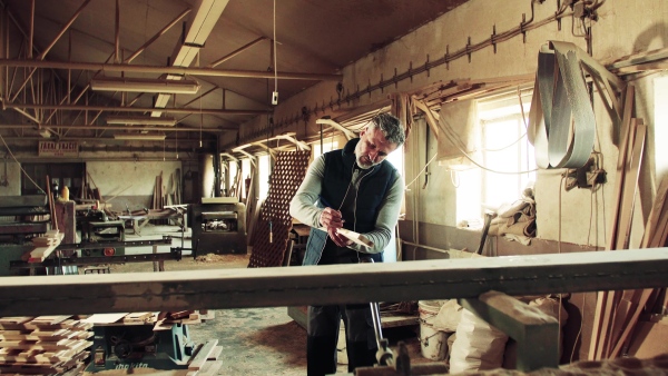 Portrait of a man worker in the carpentry workshop, holding a piece of wood.