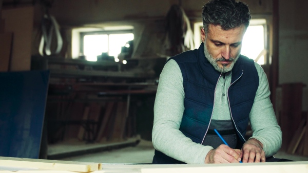 Portrait of a man worker in the carpentry workshop, making plans.