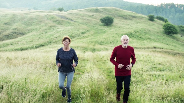 Senior sporty couple running on meadow outdoors in nature in the foggy morning.