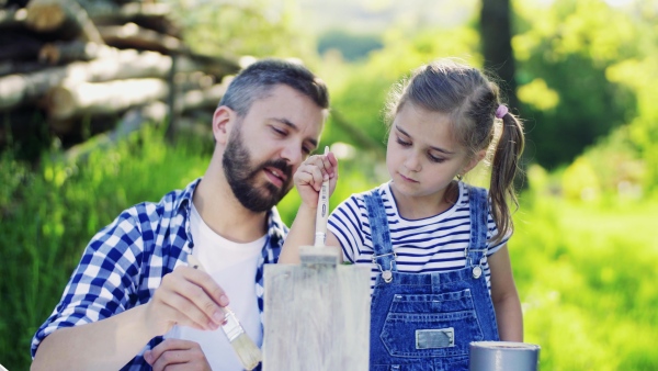 Mature father with a small daughter outside, painting. Wooden birdhouse or bird feeder making.