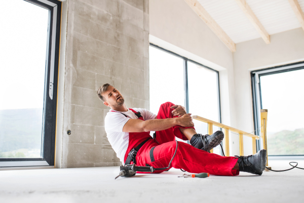 An accident of a male worker at the construction site. A man with an injured leg sitting on the floor.