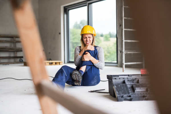 Accident of a female worker at the construction site. A woman in pain with an injured leg sitting on the floor.