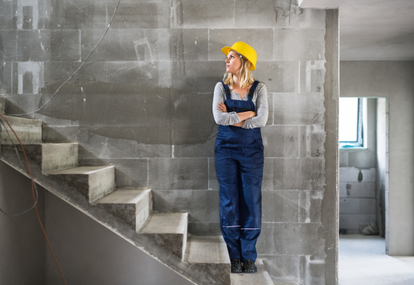 Young woman worker with a yellow helmet standing on the stairs on the construction site, arms crossed. Copy space.