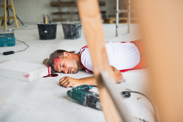 An unconscious man worker lying on the floor after an accident on the construction site, blood on head. Working without a helmet and head injury concept.