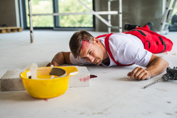 A man worker lying on the floor after an accident on the construction site, blood on head and floor.