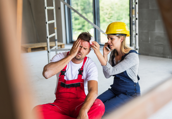 Accident of a male worker at the construction site. A woman with smartphone helping her injured colleague, wiping his forehead.