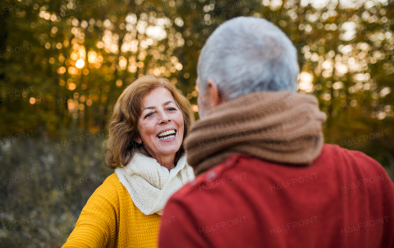 A cheerful senior couple in love standing in an autumn nature at sunset, looking at each other.