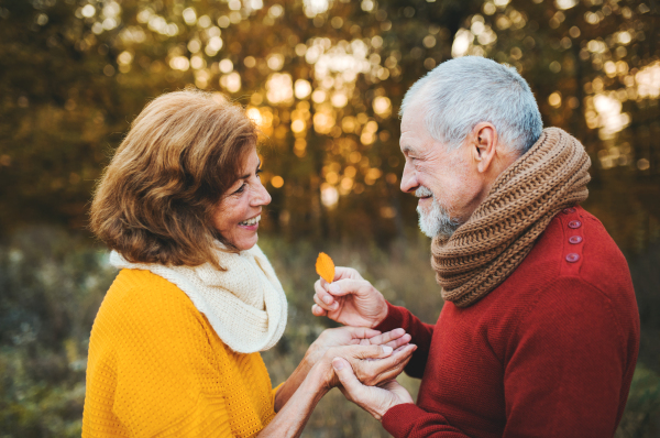 A cheerful senior couple in love standing in an autumn nature at sunset, looking at each other.