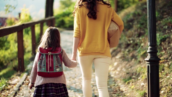 A rear view of young mother walking with a small daughter in park in autumn. Slow motion.