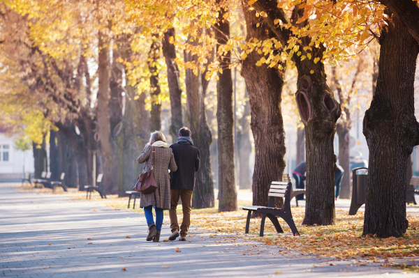 Active seniors on a walk in autumn town