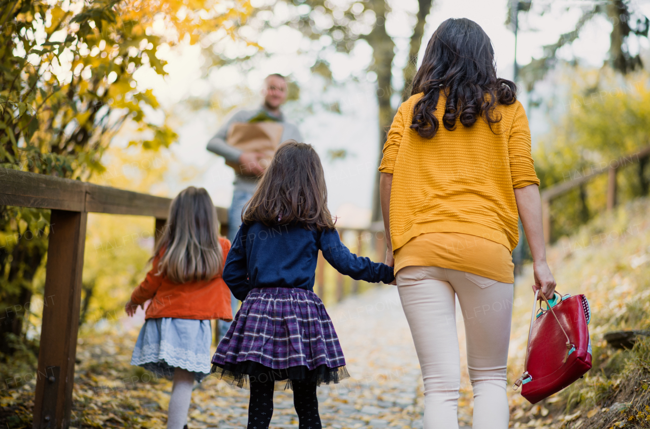 A rear view of young family with two children walking in park in autumn.