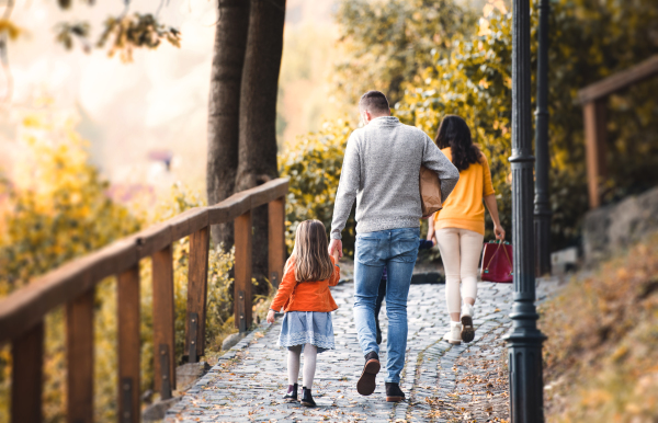 A rear view of young family with two children walking in park in autumn.