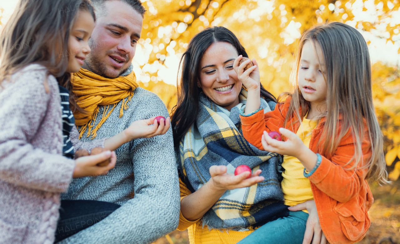 A portrait of happy young family with two small children holding nuts and apples in autumn nature.