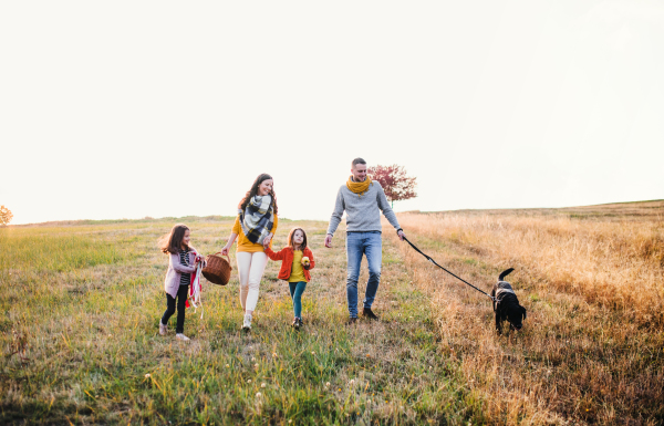 A young family with two small children and a black dog on a walk in autumn nature.