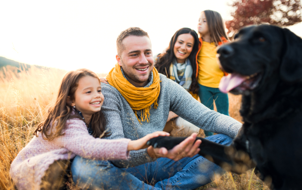 A young family with two small children and a black dog on a meadow in autumn nature.