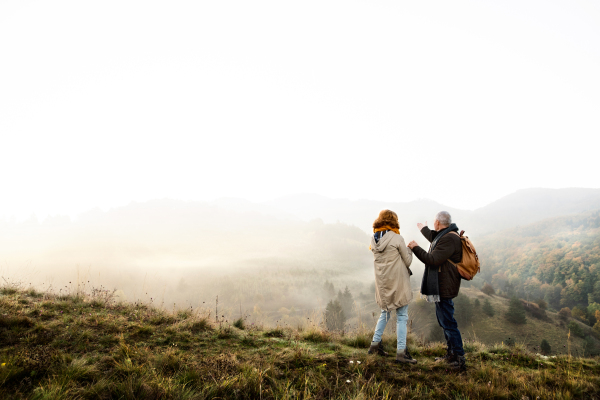 Active senior couple on a walk in a beautiful autumn nature.