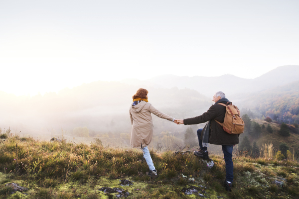 Active senior couple on a walk in a beautiful autumn nature. Rear view.