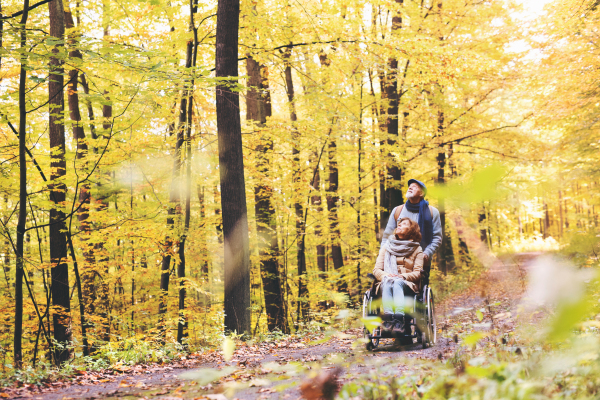 Active senior couple on a walk in a beautiful autumn nature. A man and woman in a wheelchair walking in forest.