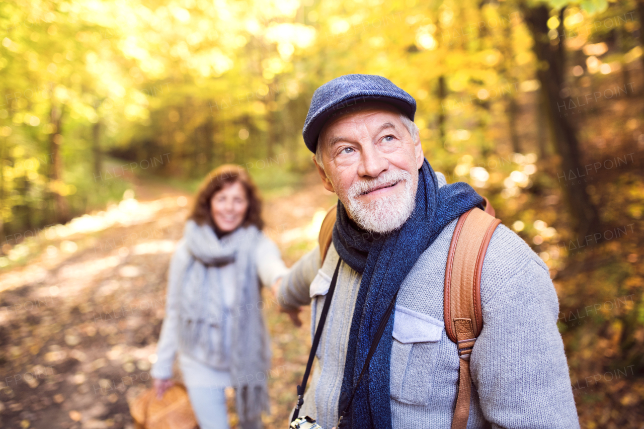 Active senior couple on a walk in a beautiful autumn nature.