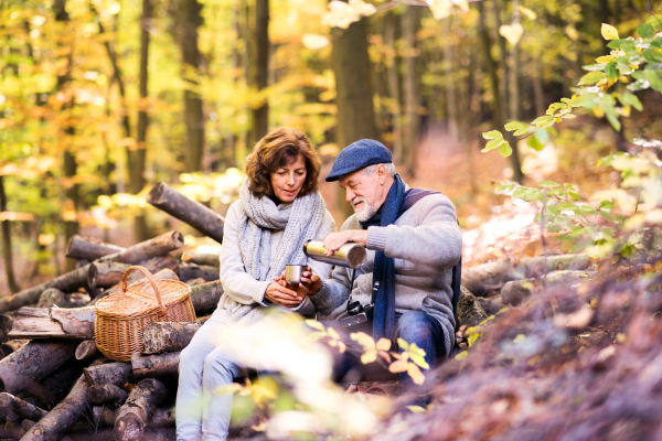 Active senior couple on a walk in a beautiful autumn nature.