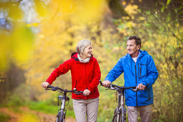 Beautiful couple of seniors in the autumn nature.