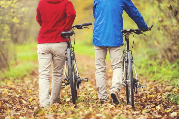 Beautiful couple of seniors in the autumn nature.