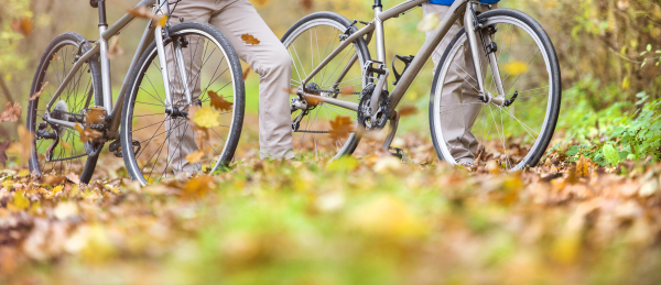 Beautiful couple of seniors in the autumn nature.