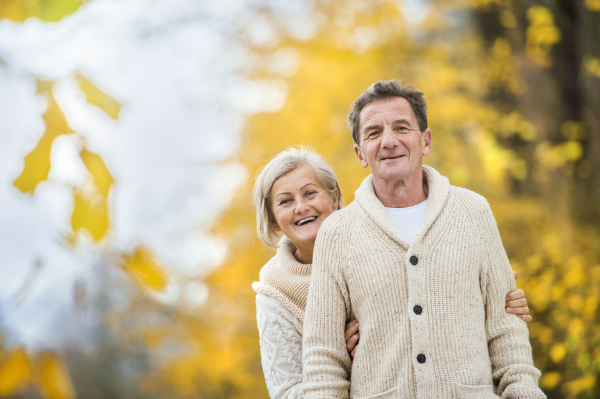 Beautiful couple of seniors in the autumn nature.