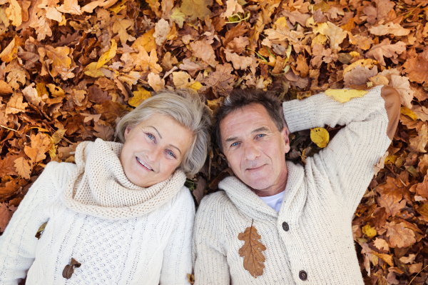 Beautiful couple of seniors in the autumn nature.