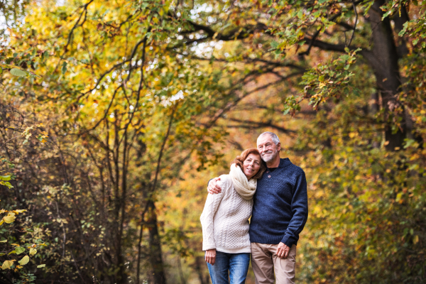 A portrait of an active senior couple standing in an autumn nature. Copy space.