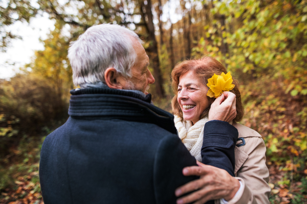 Senior man putting yellow leaves in woman's hair in forest. Old couple on a walk in nature.