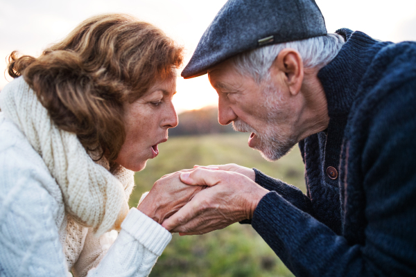 Senior couple looking at each other on a meadow in an autumn nature, holding hands.