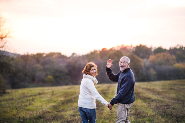 Senior couple walking on a meadow in an autumn nature, holding hands. A man and woman looking back, waving.