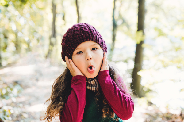 A portrait of a happy small toddler girl standing in forest in autumn nature, sticking out tongue.