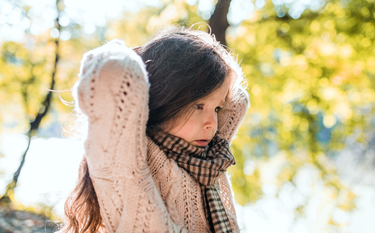 A portrait of a small toddler girl in park in autumn nature, a close-up.