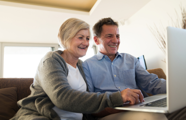 Beautiful senior woman and man sitting on a couch in living room, working on laptop