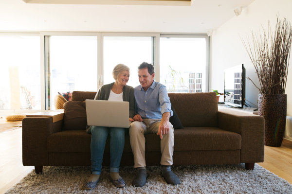 Beautiful senior woman and man sitting on a couch in living room, working on laptop