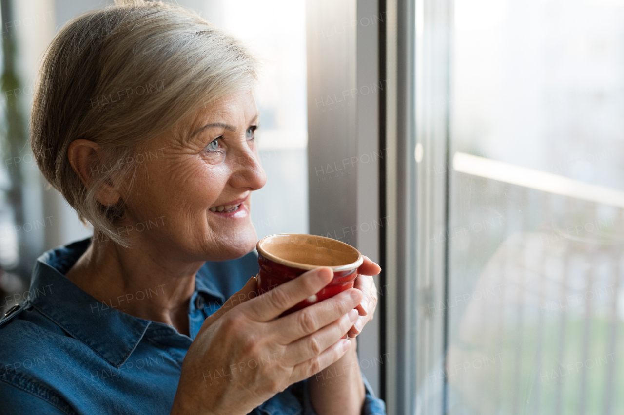 Beautiful senior woman at home standing at the window in her living room holding a cup of coffee or tea, smiling