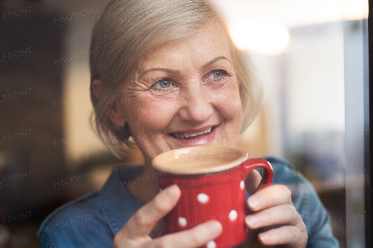 Beautiful senior woman at home standing at the window in her living room holding a cup of coffee or tea, smiling