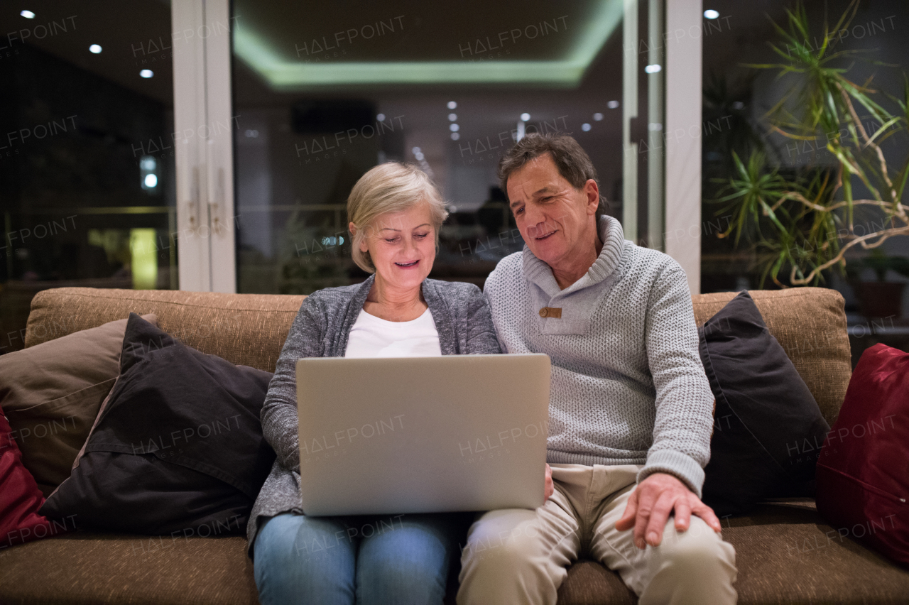 Beautiful senior woman and man sitting on a couch in living room, working on laptop