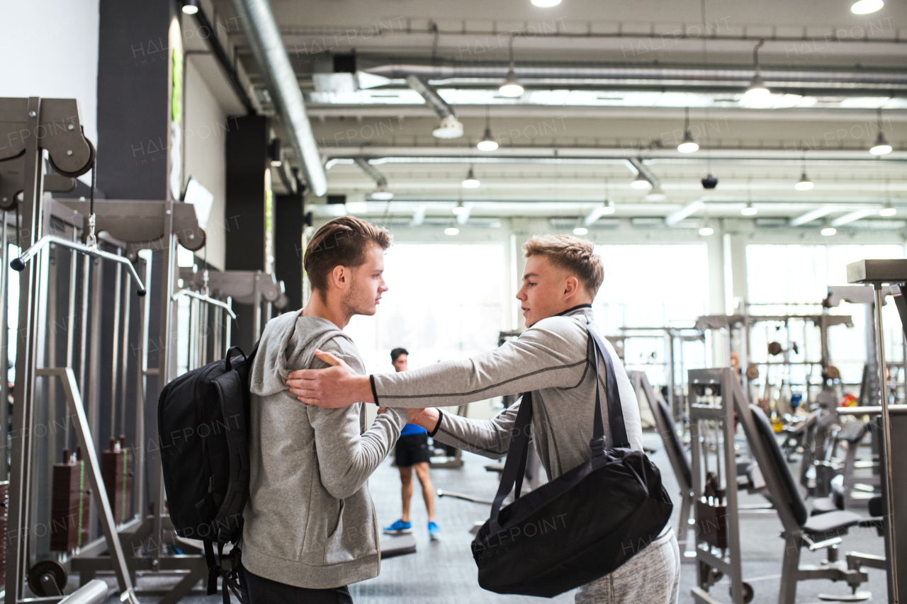 Young male friends with bags in modern crossfit gym, greeting each other.