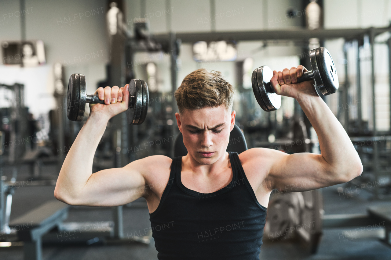 Young fit men doing strength training, exercising with dumbbells in modern gym.