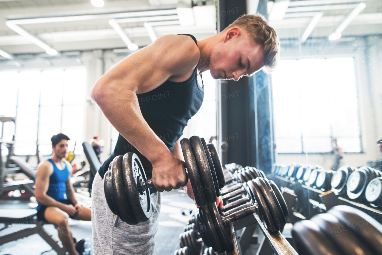 Young fit men doing strength training, exercising with dumbbells in modern gym.