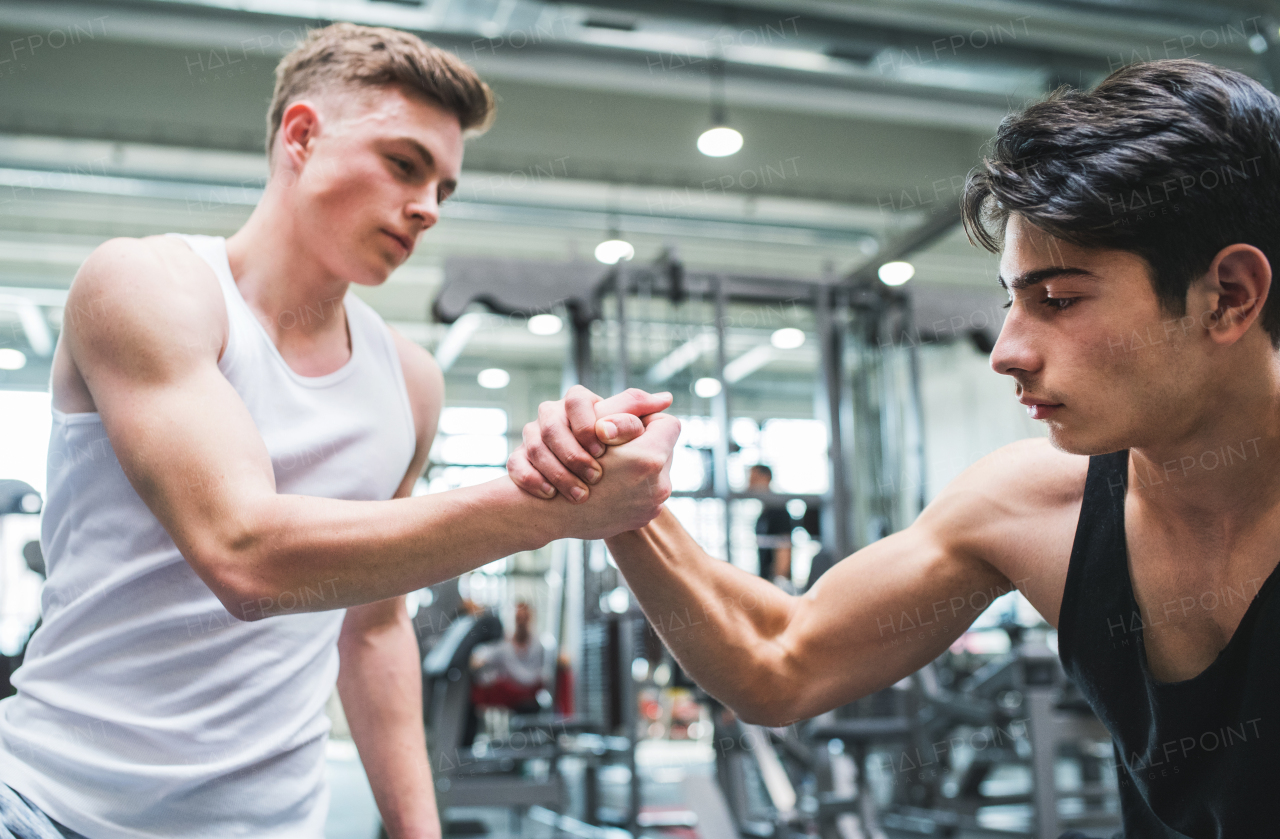 A friendly handshake of two young handsome men in crossfit gym.