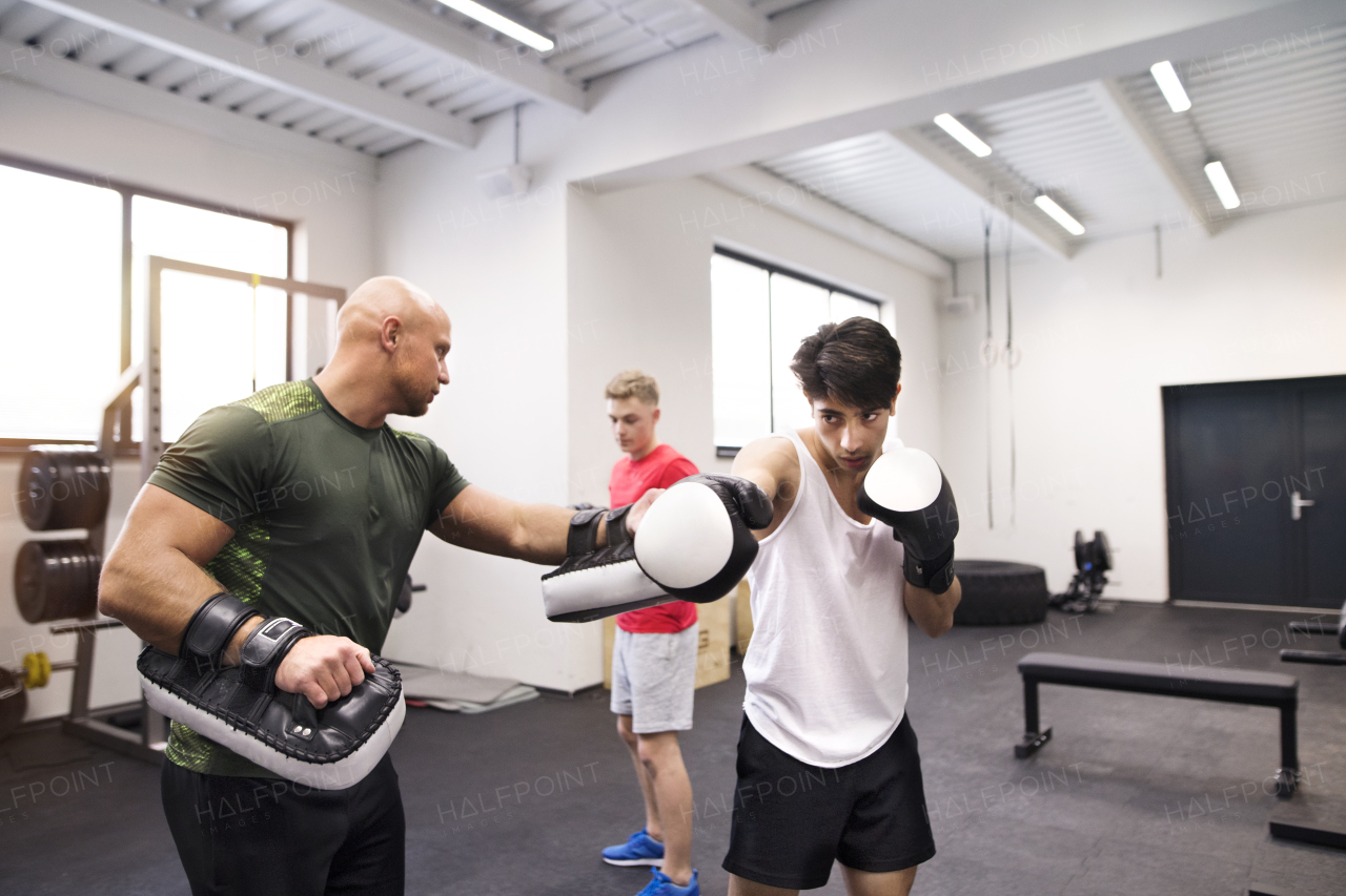 Handsome fit young man boxing with his personal trainer. Athlete boxers wearing boxing gloves sparred in boxing gym.