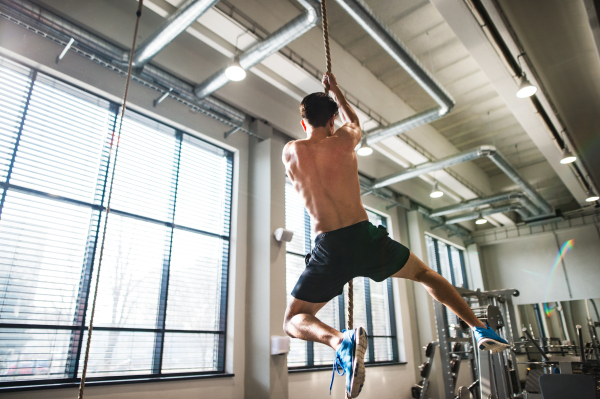 Handsome fit young topless man in gym climbing a rope.