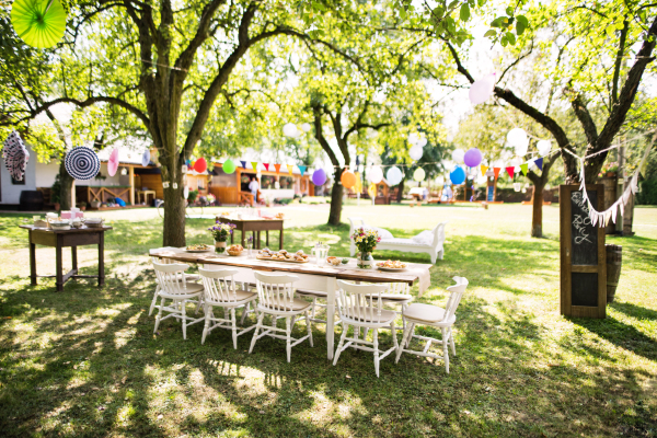 Table set for a garden party or celebration outside. Flowers and snacks on the decorated table in the garden.