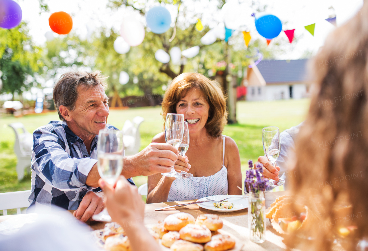 Family celebration outside in the backyard. Big garden party.