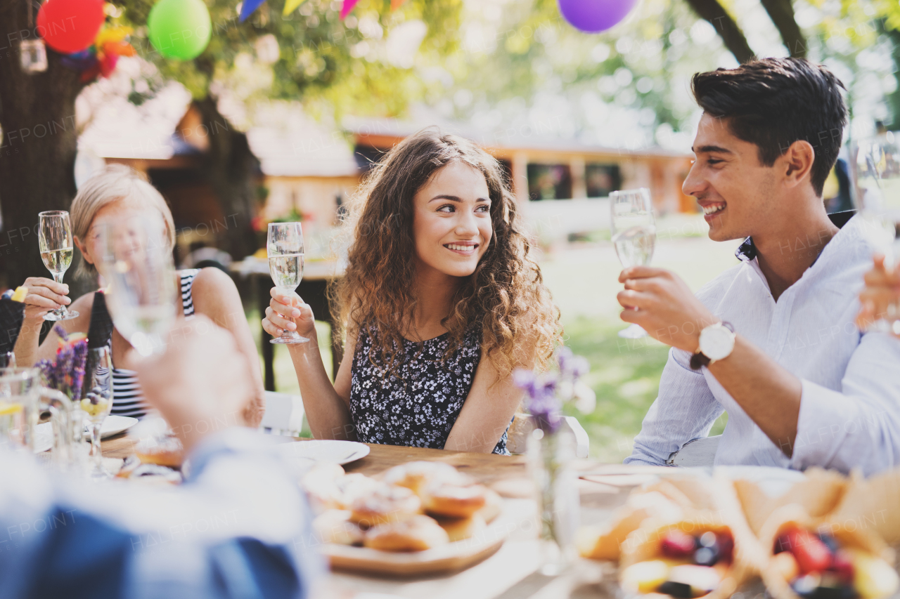 Family celebration outside in the backyard. Big garden party.